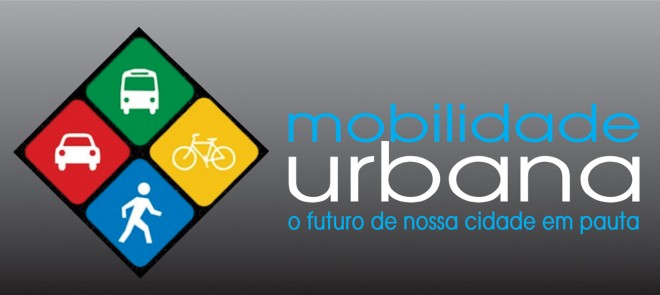 Painel com os dizeres: Mobilidade urbana, com alguns símbolos a esquerda, ônibus, bicicleta, pessoa andando 